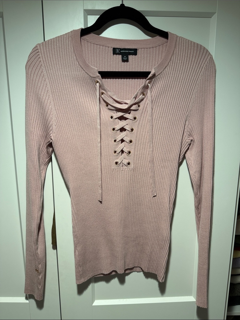 INC International Concepts Dusty Pink Ribbed Lace-Up Long Sleeve Top